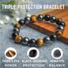 Triple Protection Bracelet  for Women Men with Natural Stones of Tiger Eye Hematite and Black Obsidian Healing Crystal Bracelet
