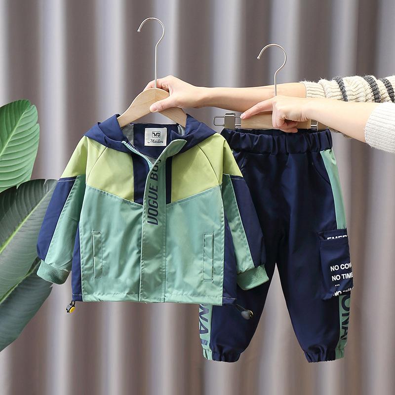 Chłopięcy Zestaw Sportowy Wiosna/Jesień: Bluza z kapturem Color Block + Spodnie Casualowy Zestaw Dwuczęściowy