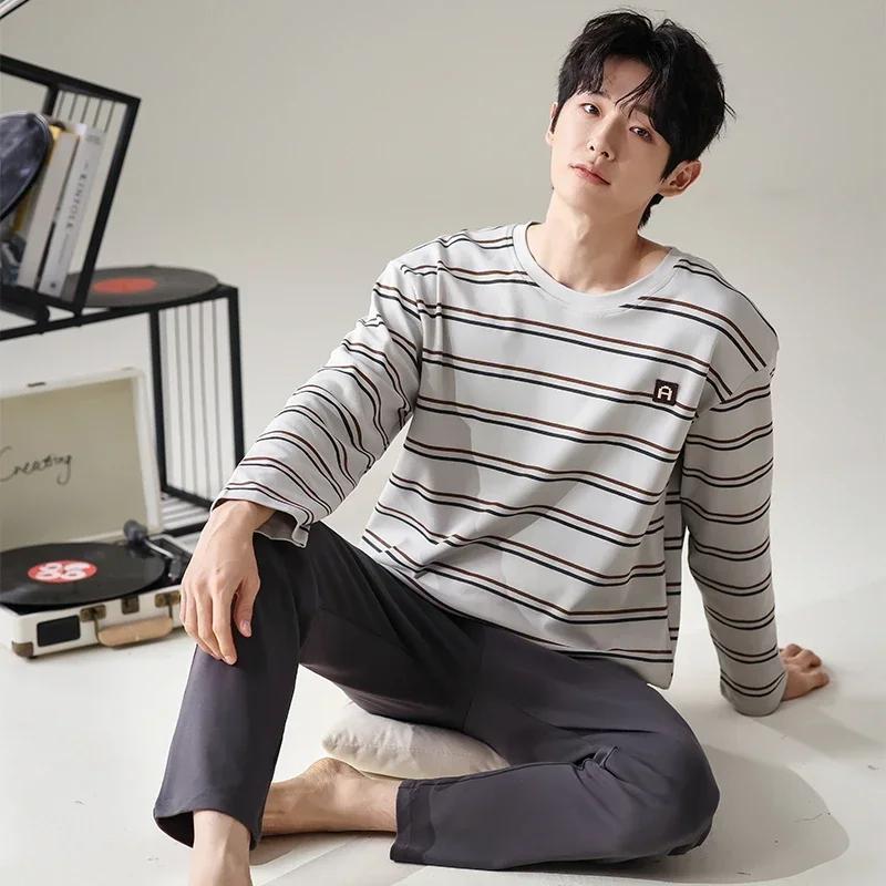 Хлопковая пижама для мужчин с длинными рукавами, топ, брюки, ночная рубашка для молодых мальчиков, мужская ночная рубашка в полоску, домашняя одежда