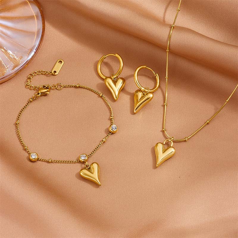 316L Stainless Steel Necklace for Women Vintage Heart Pendant Bracelet Earrings Shiny Zircon Anklet Trendy Wedding Party Shining Gold Color Jewelry