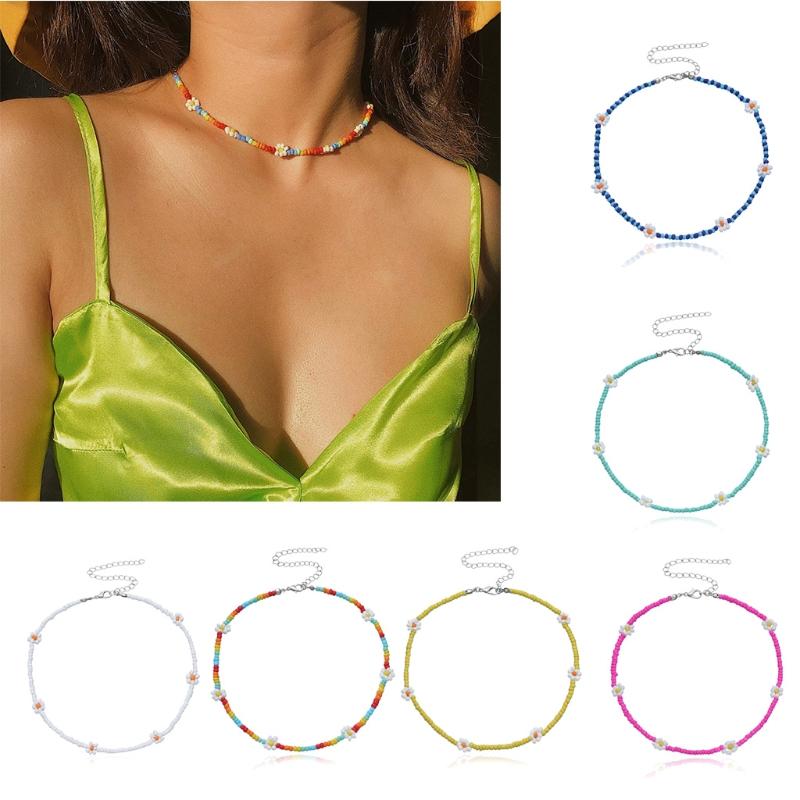 Яркий Чокер-Ожерелье с Цветами Маргаритки из Бусин, Регулируемая Цепочка на Ключицу для Женщин и Девочек, Милые Ручной Работы Бохо Украшения