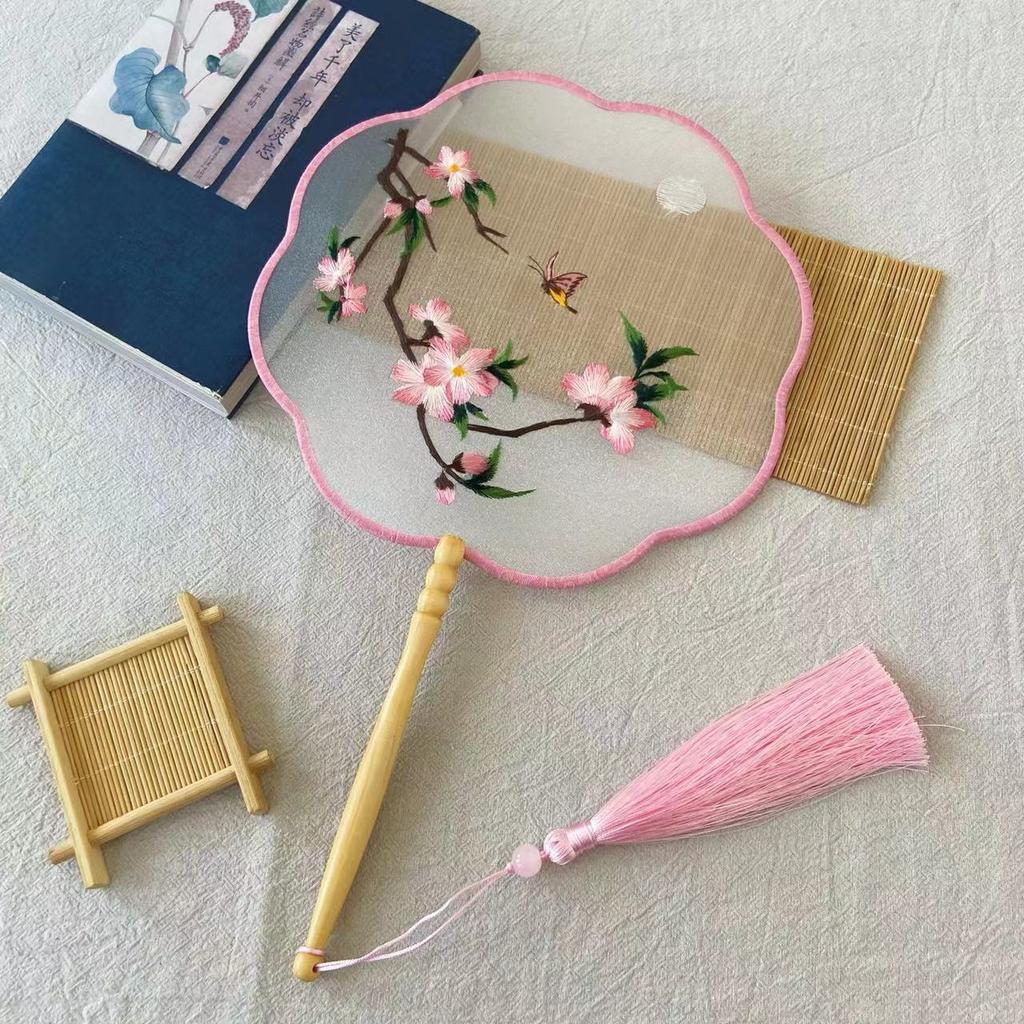 Embroidery Round Fan Classical Long Handle Group Fan Dance Fans Photography Props Home Decor