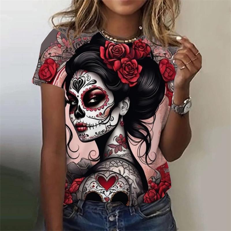 Summer Round Neck 3D Skull Printed Top Fashionable Casual Short Sleeved Women's T-shirts
