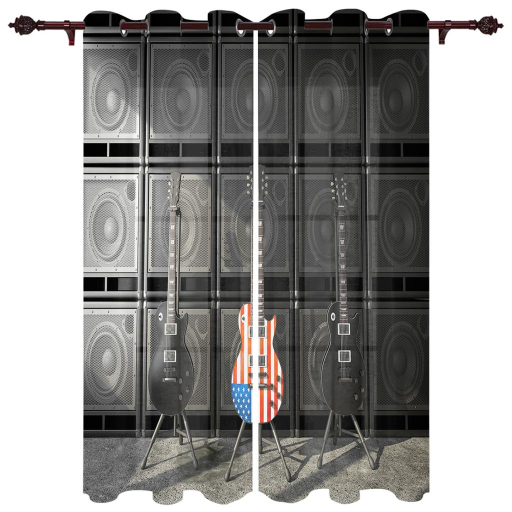 Музыкальная сцена, динамик, гитара, окна, шторы для гостиной, спальни, оконные шторы, бытовые кухонные шторы