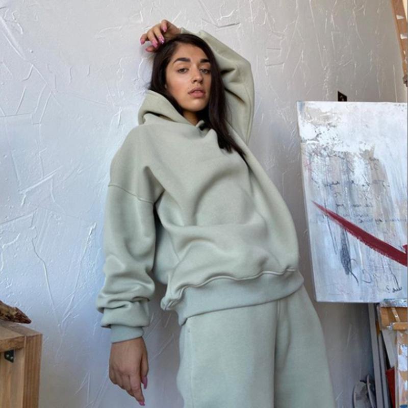 Флисовые спортивные костюмы с капюшоном, женские теплые топы с капюшоном и длинными рукавами, брюки с эластичной резинкой на талии, женские комплекты из двух предметов, женские наряды