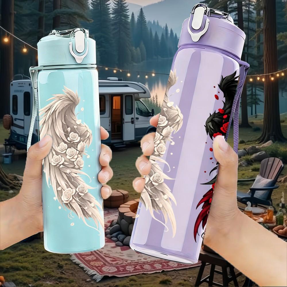 1PC Black Red Angel Wing 750ml Color Plastic Sports Water Bottle Leakproof Flip Straw Lid Suitable for Sports Office Home Use
