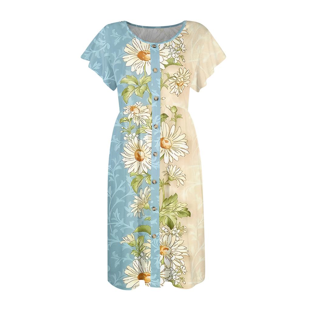 Женские летние платья с круглым вырезом и рукавами-крылышками, повседневные свободные платья-миди с карманами на пуговицах и принтом
