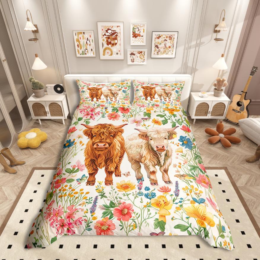Homewish Cute Highland Cattle Duvet Cover Set,Farm Animal Bedding Set,Colorful Rustic Flower Floral Bed Set For Girls Boys