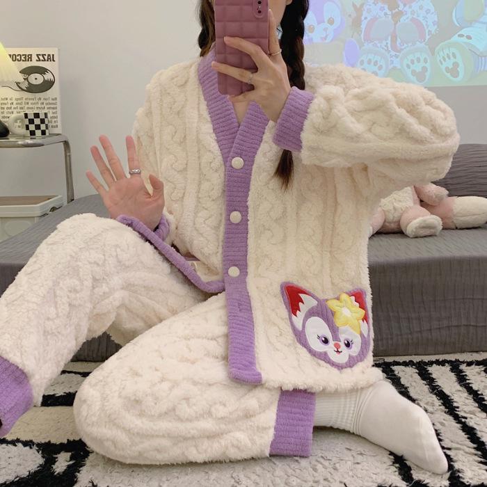 Женская осенне-зимняя жаккардовая пижама из кораллового флиса, милый кардиган с V-образным вырезом, толстая и уютная домашняя одежда