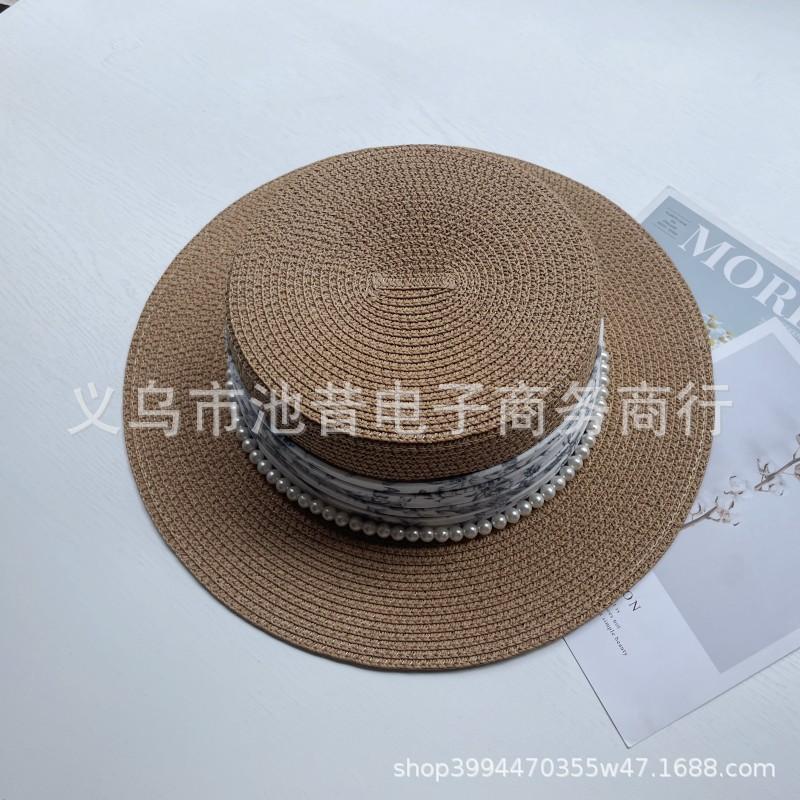 French retro elegant pearl decoration flat top straw hat women's summer travel versatile sun protection shade white gift hat