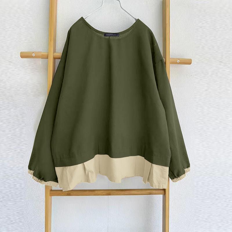 ZANZEA Женские осенние блузки с круглым вырезом и длинными рукавами в стиле колор-блок