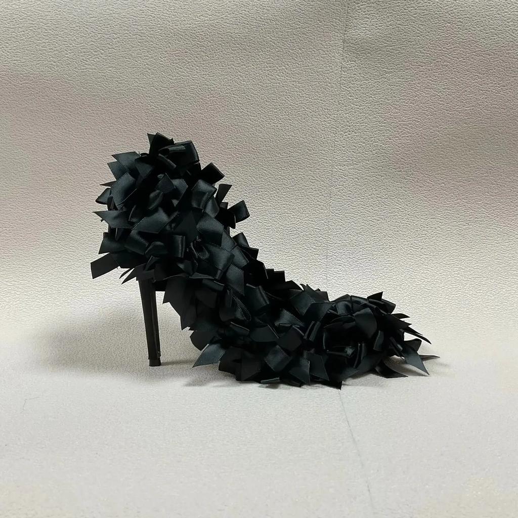 Black Satin Butterfly-Knot Women Pumps 2025 Summer New Shallow High Heels Pointed Toe Stiletto Heel Casual Sandals