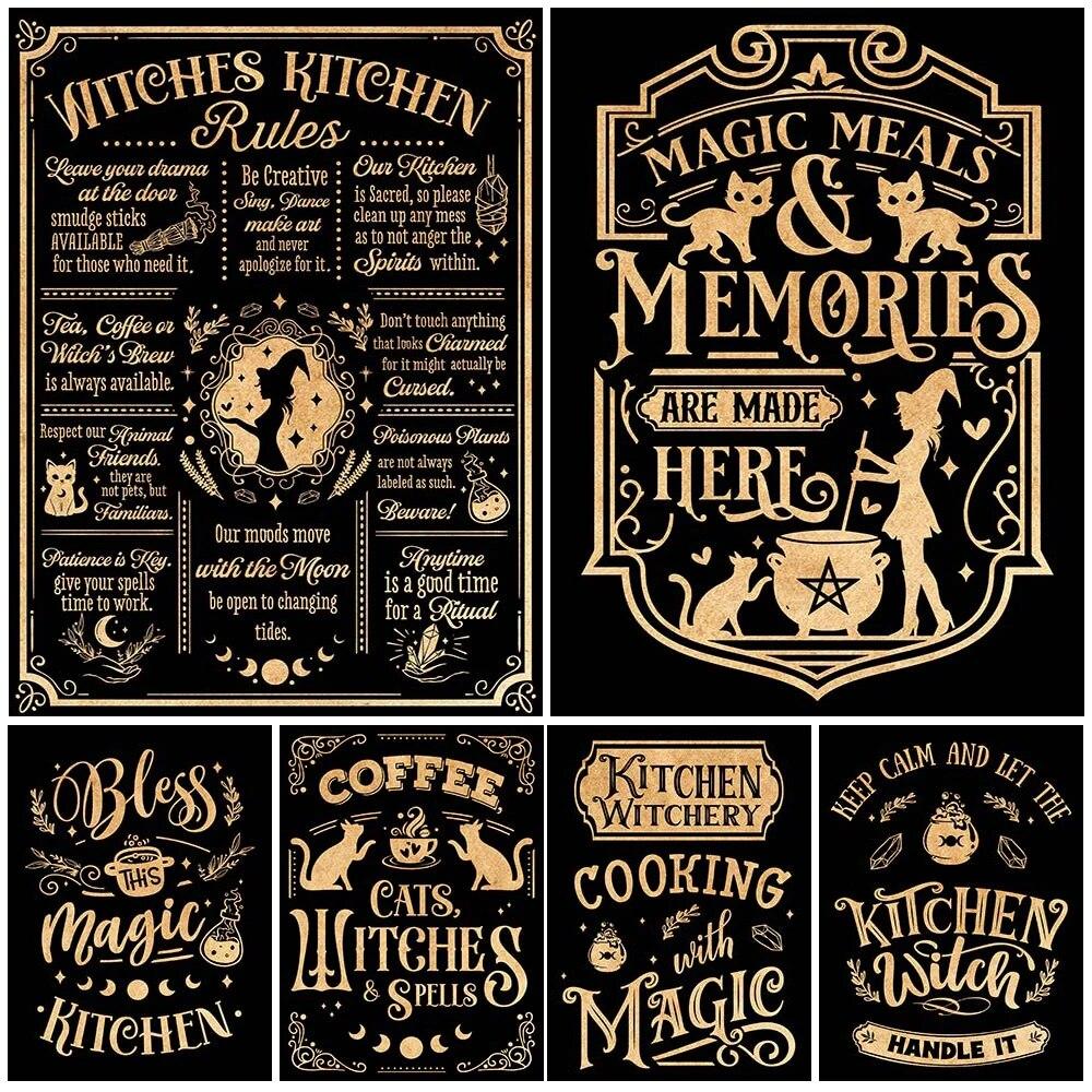 Ведьмы Кухонные правила и травы Волшебные блюда Винтажная настенная живопись на холсте Волшебный знак и кошки Ведьмы заклинания Плакат с принтом без рамки