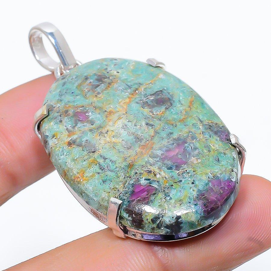 Ruby Fuchsite Lab-Created Handmade 925 Sterling Silver Pendant 2.17" O7u00