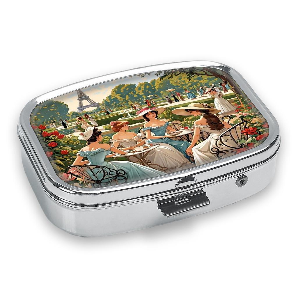Portable Pill Box with 2 Compartments, Mini Metal Medicine Organizer Case, Cute Printed Pill Container for Vitamins, Pills, Jewelry, Travel, Daily Use