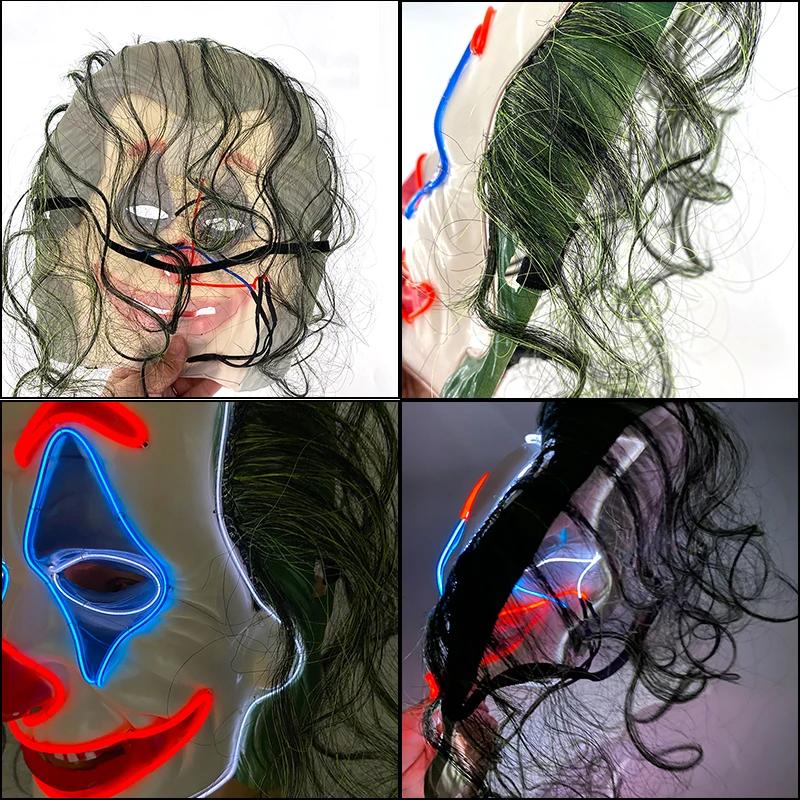 Unisex Adult  Curly Hair Plastic Clown Knight Costume Realistic Face Mask One Size Joker LED Mask Movie Cosplay Halloween Party
