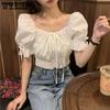Women Summer Solid Retro Bandage Design Slim Cropped Tops Korean Style Ladies Elegant College Shirts