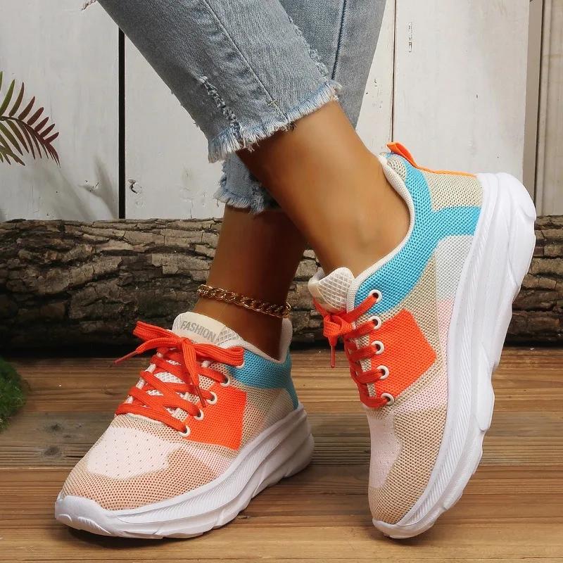 Весна и осень 2024 года, высококачественные женские кроссовки с круглым носком и цветными блоками, на шнуровке, с низким вырезом, повседневные женские кроссовки