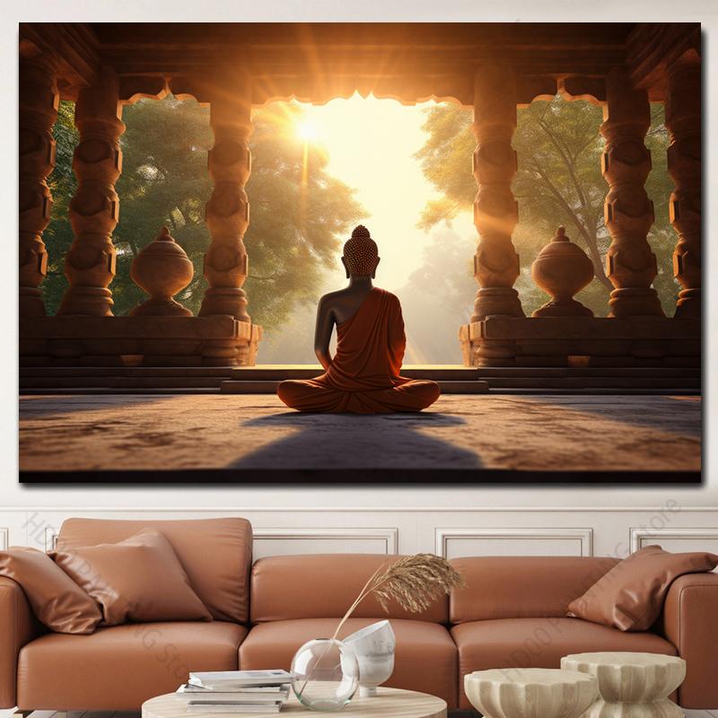 Buddha Statue Canvas Painting Buddah Statue and Candles Posters and Prints for Living Room Religious Wall Decor Unframe