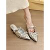 Galaxy Girl! Temperament Pointed Rhinestone Buckle Bow Wedge Heel Bag Head Half Slippers Women's Spring Shoes