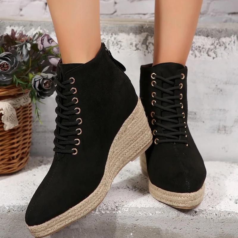 2024 Новые модные однотонные женские ботинки на танкетке со шнуровкой и толстой подошвой, удобная верхняя одежда, женская обувь с застежкой-молнией сзади