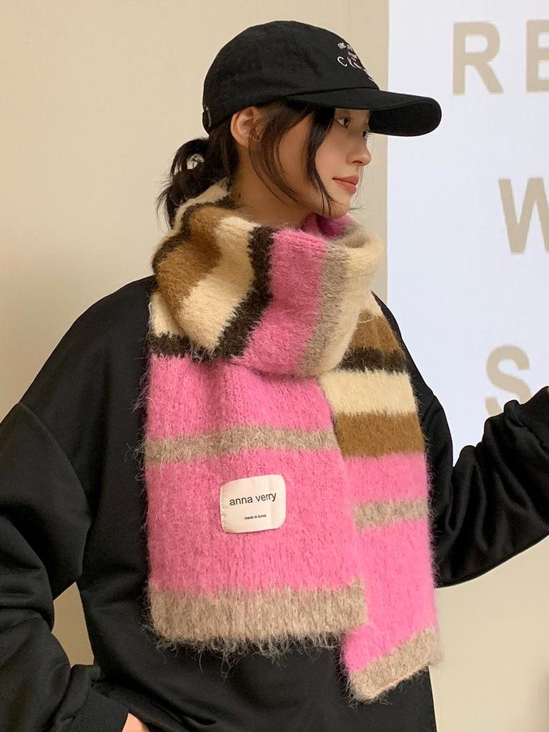 Зимний шарф из мохера в разноцветную полоску 2024 года: Универсальный, теплый, модный японско-корейский контрастный шейный платок для пар