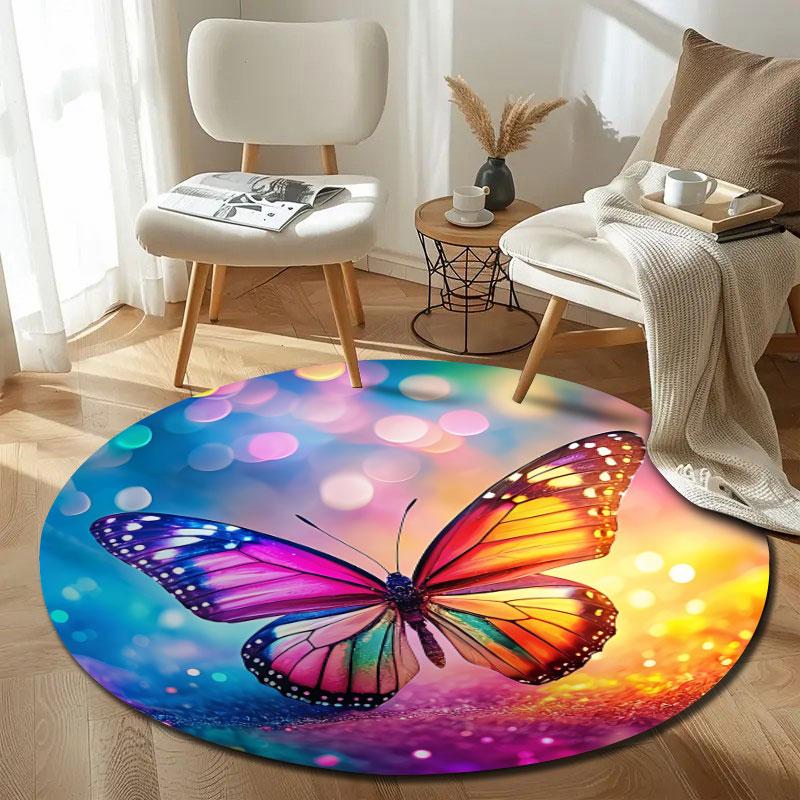 Modern Round Butterfly Multicolor Accent Rug, Non-Slip Floor Mat for Living Room