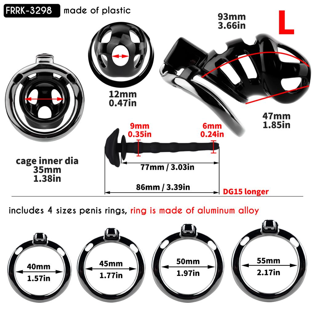 FRRK ABS Resin Black Male Chastity Cage with Aluminum Alloy Penile Ring Erotic Urethral Lock Penis Restraint Device BDSM Sex Toy