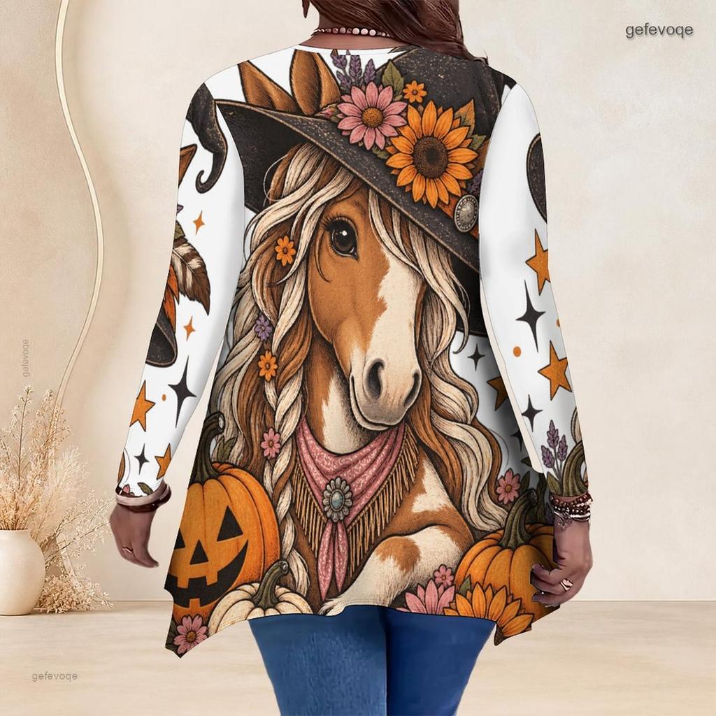 Women Plus Size V Neck Long Sleeve Halloween Ghost Pumpkin Printed Asymmetric Hem Tunic Top