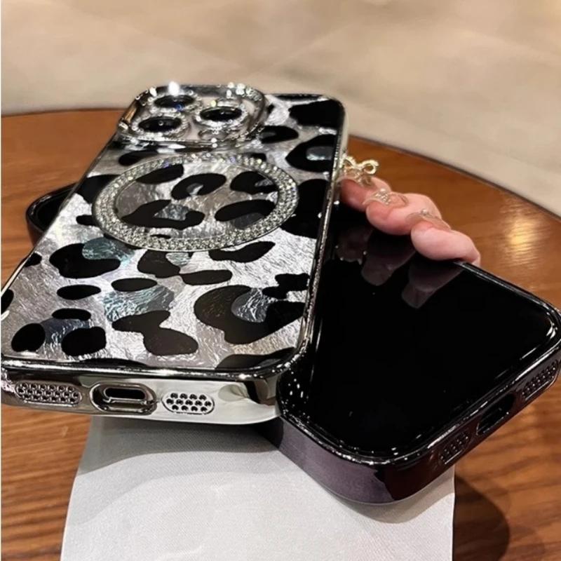 Для iPhone 16 Pro Max Роскошный чехол Magsafe Magnetic Flash Diamond Leopard Print для iPhone 11 12 13 14 15 16 Pro 14 15 16 Plus с защитой объектива