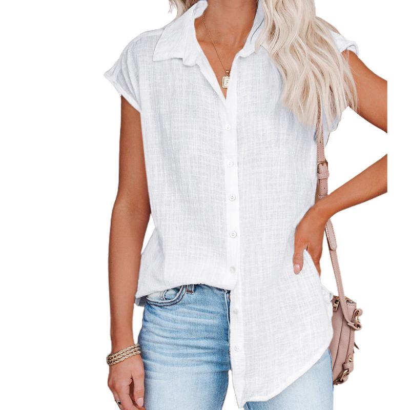 Женская однотонная хлопковая льняная блузка с коротким рукавом, весна-лето, рубашки большого размера на пуговицах, свободные длинные топы с лацканами больших размеров