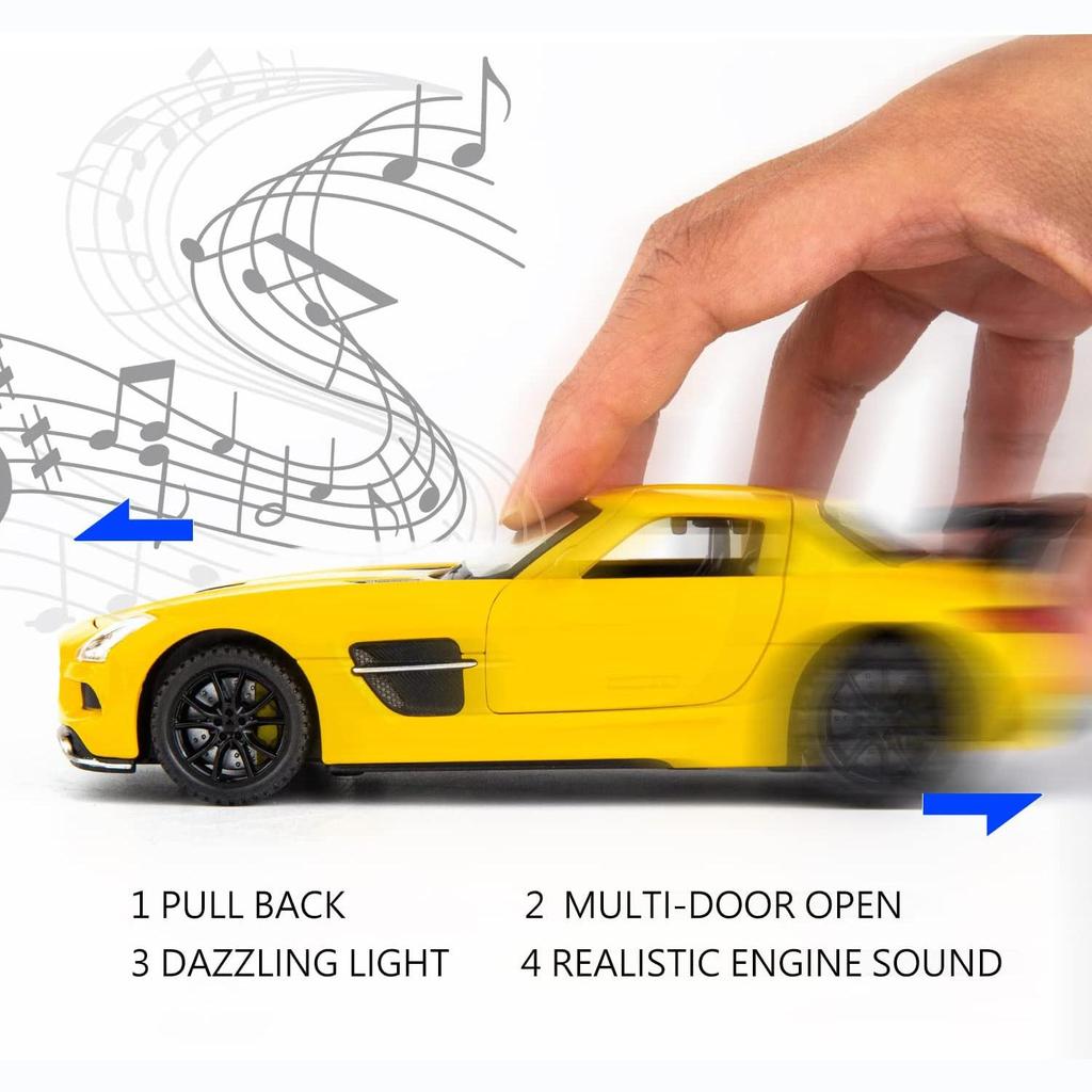 1:32-масштабная модель автомобиля Benz SLS AMG, литая под давлением цинкового сплава, игрушечная машинка с откидной спинкой, звуком и светом для детей, мальчиков и девочек