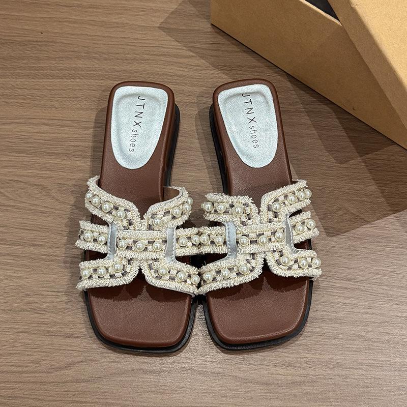 Pearl Hollow Open-toed Wedge Heel One-word Fashion Casual Sandals Summer Retro Low-heeled Slippers Women's Outerwear