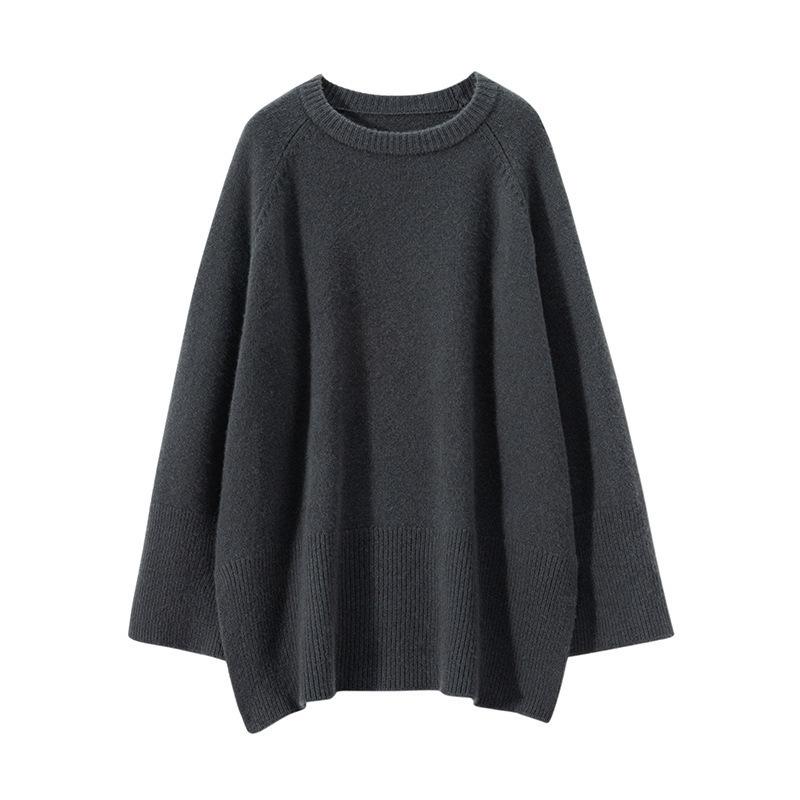 Lazy Wind Round Neck Loose Large Size Sweater Women's Autumn and Winter New Casual Hem Split Knitted Sweater Women