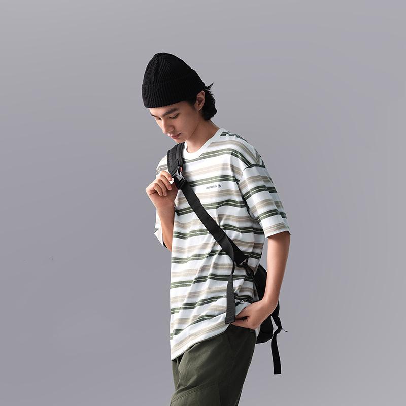 Li Ning CF Water Flow Full Print Striped Round Neck Pullover Comfortable Cool Loose Short Sleeve T Shirt Men T Shirts Dark-Green ATSU631-1