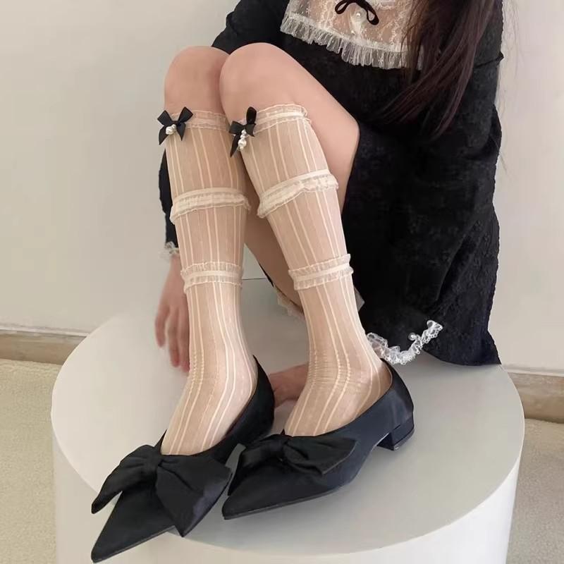 Sweet Lace Trimmed Bow Knee-High Socks Women White Sheer Nylon With Triple Layer Ruffle Detail