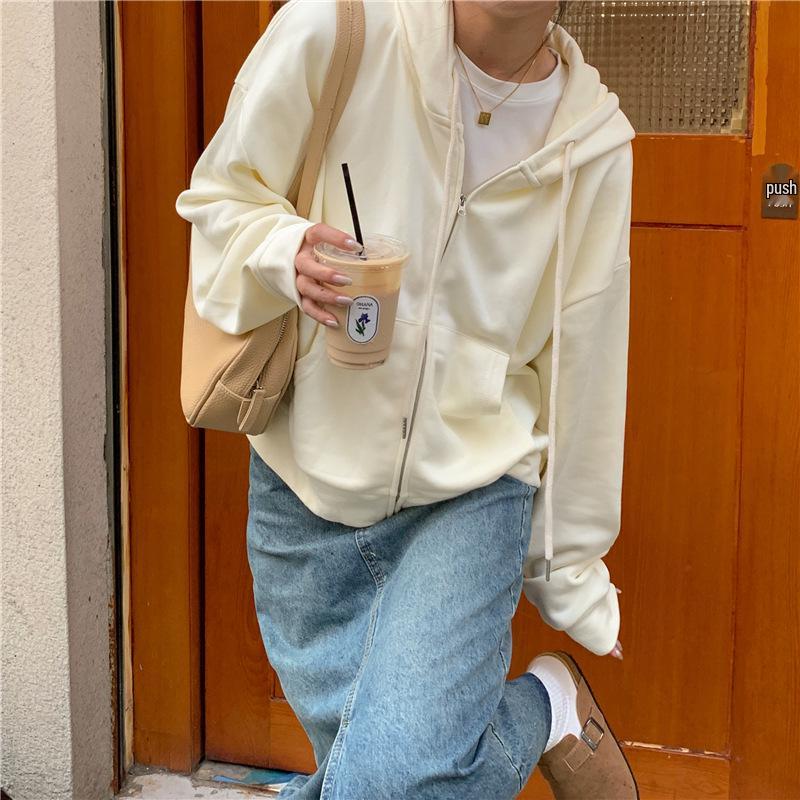 Women's College Style Hooded Sweatshirt Jacket - Spring/Autumn 2023 Zipper Loose Cardigan Top