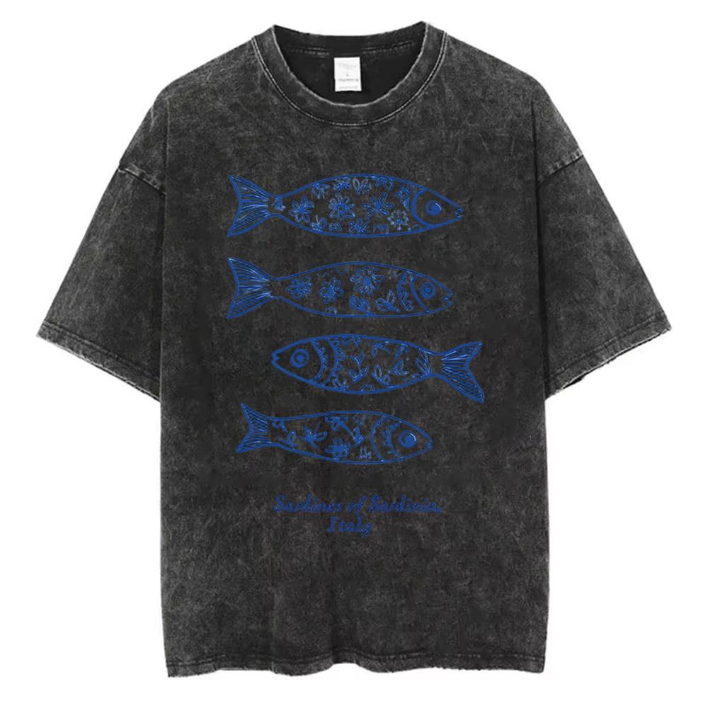 Sardines Can Graphic TShirt Washed Cotton Men Women Vintage Acid Wash Retro Streetwear Short Sleeve Fish Graphic Tee Shirt
