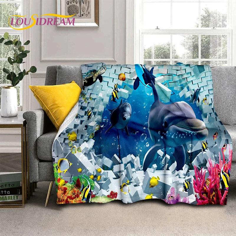 3D Illusion Underwater World Seabed Shark Dolphin Soft Flannel Blankets,Throw Blanket Comfortable Blanket for Beds Home Bedroom