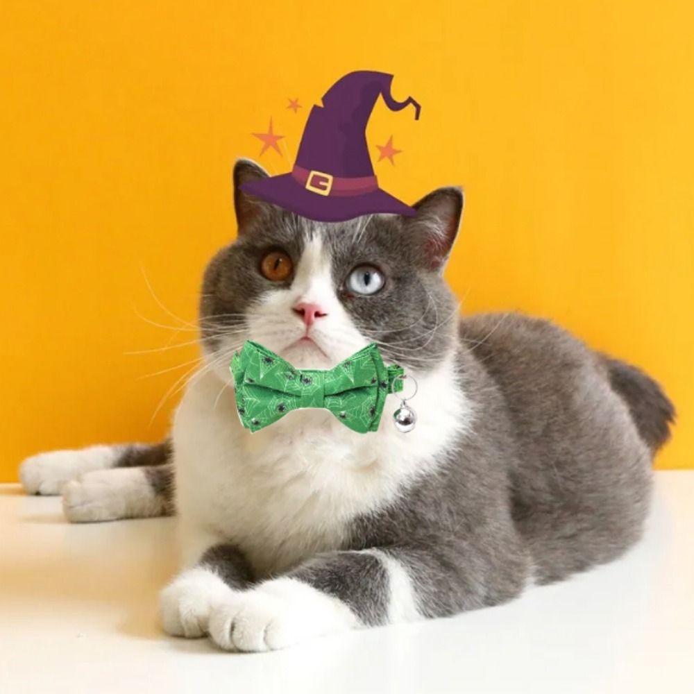 С колокольчиком Хэллоуинский ошейник для кошки с регулируемым бантом, тыквенный ошейник для щенка с колокольчиком, летучие мыши/тыква/череп/паук, съемный
