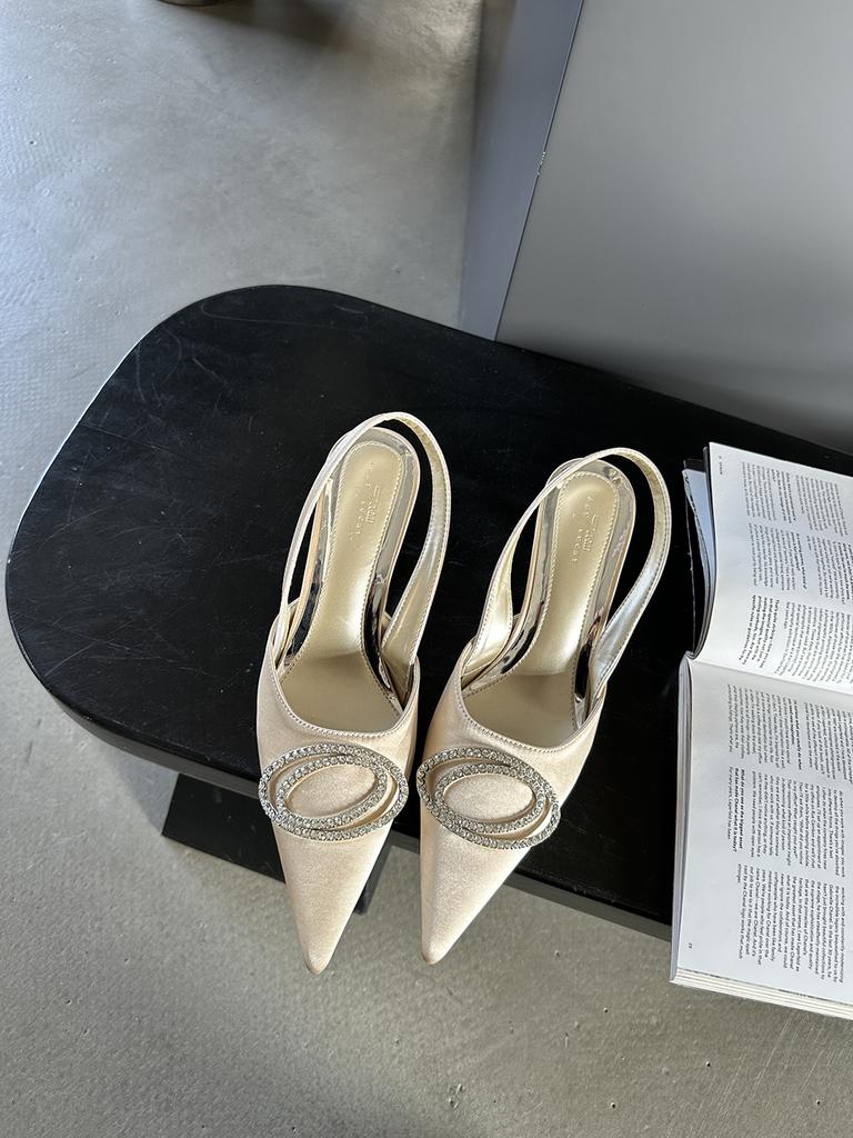 Мода Остроносые женские сандалии Тонкий высокий каблук Задний ремешок 2024 Новые поступления Модная обувь для вечеринок Черный Розовый Бежевый Серый Кристалл