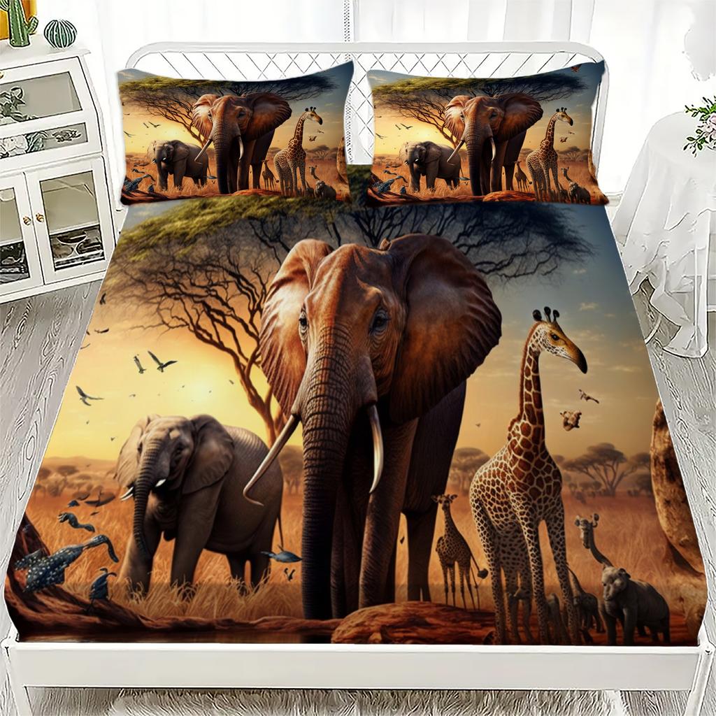 African Savannah Wildlife Style Fitted Sheet Set Soft Breathable Bedding Set Elephant Lion Leopard Printed Mattress Covers