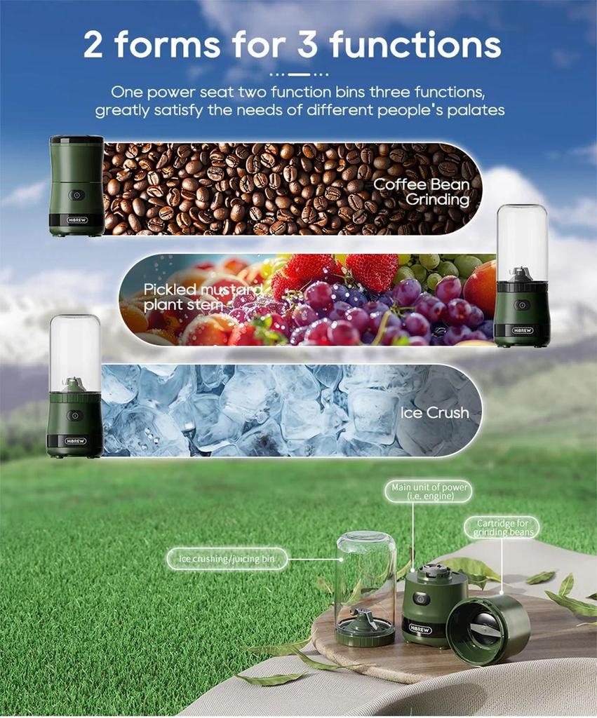 HiBREW G2 3in1 Coffee Grinder, 2000mAh Double Cup, Fruit Mixers Juicers Blender Ice Crusher, for Camping or Journey