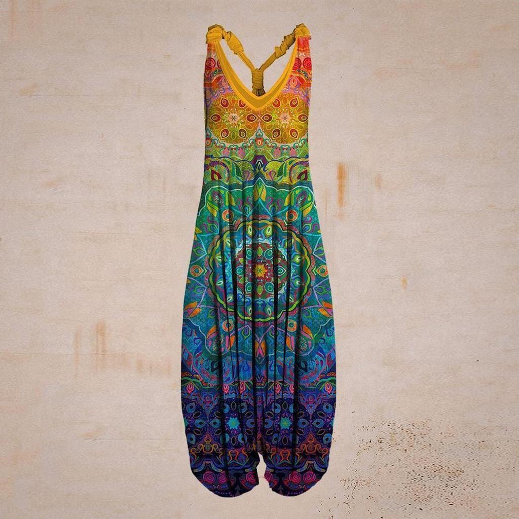 Women's Casual Bohemian Print Loose Large Size Casual Sleeveless Strappy Jumpsuit
