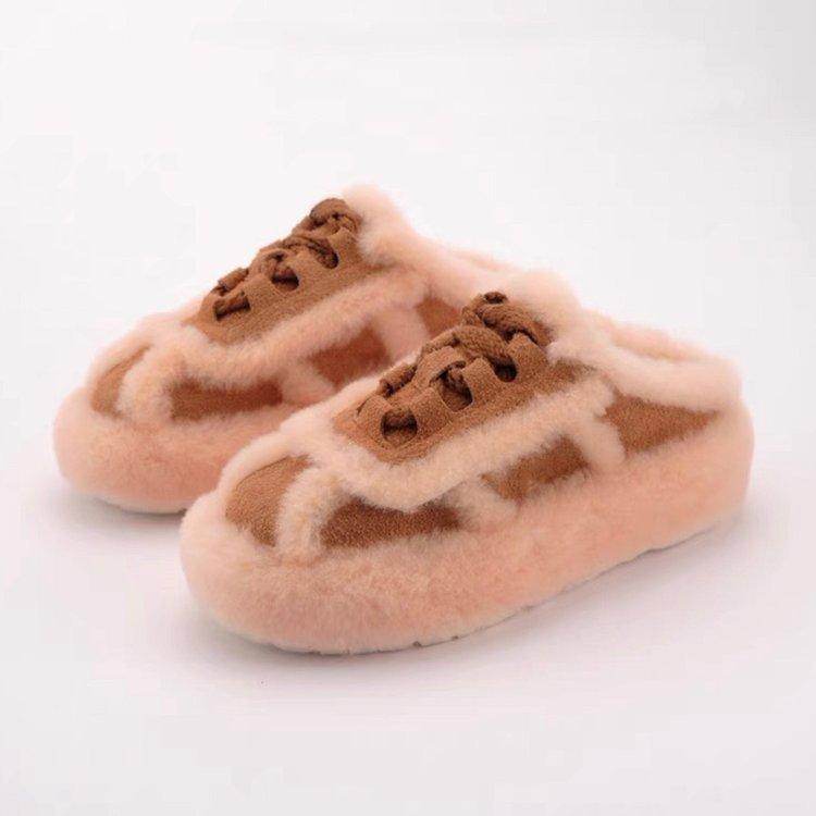 Zhao Ruth wears lamb wool thick-soled half-slippers on the same wool shoes, women's autumn and winter warm snow slippers