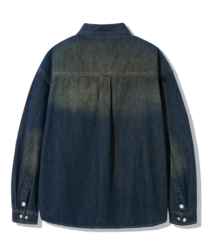 TRILLION Leather Patch Oversized Work Denim Long Sleeve Shirt_Vintage Blue