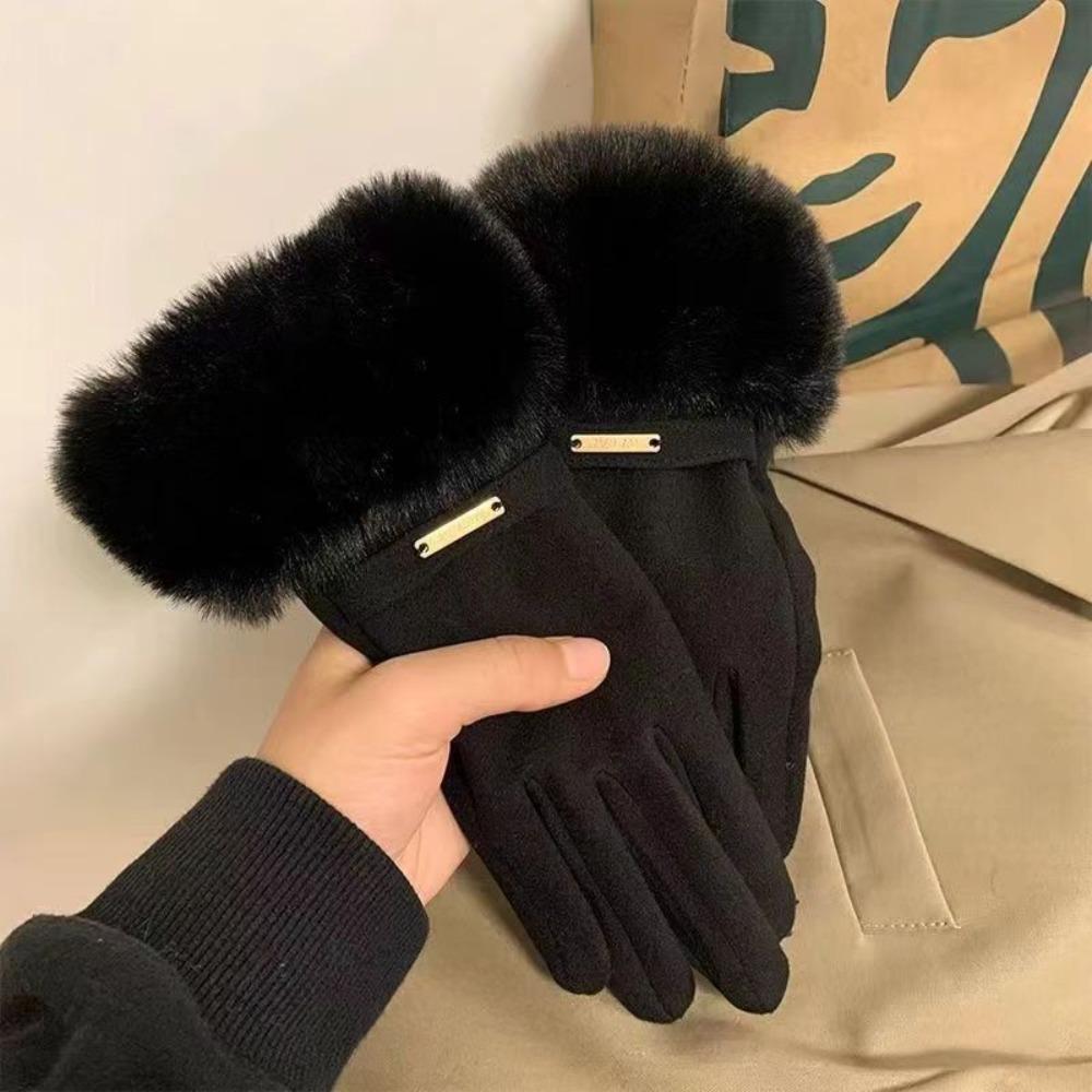 Solid Color Gloves Warm Full Finger Mittens Fashion Women Furry Gloves Female