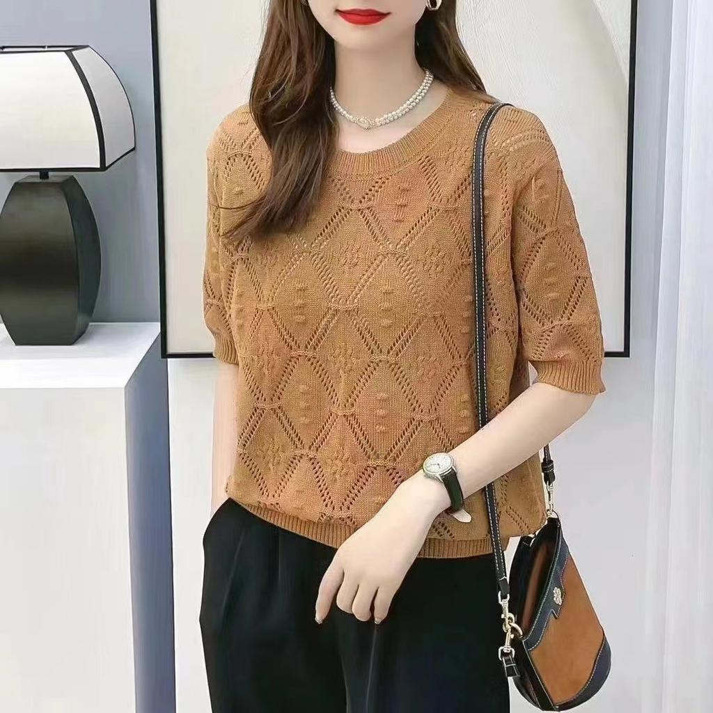 Women's Spring Thin Casual Short-sleeved Knitted Sweater Jacquard Hollow Summer Round Neck Top