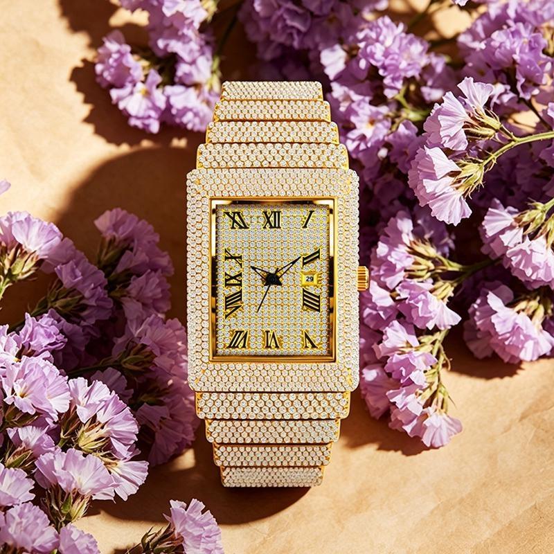 Женские квадратные часы с бриллиантами Bling Iced Out Кварцевые наручные часы с римскими цифрами Водонепроницаемые Модные часы для мужчин