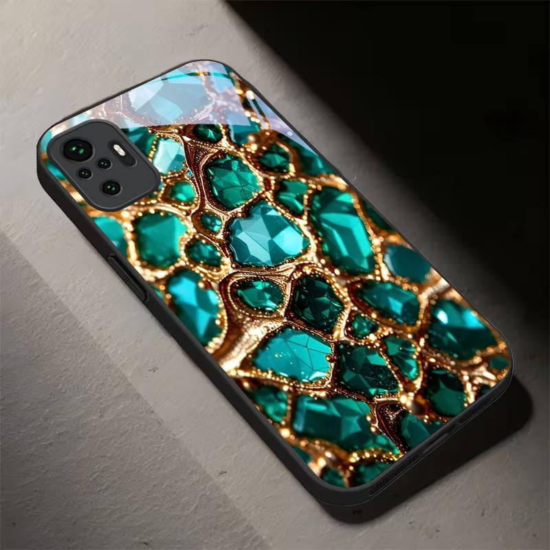 Luxury Green Gem Golden Black Glass Phone Case For Redmi Note 14 Pro+ 13 Pro 8 9S 12S 10 Pro 11 13C 14C 12 13 8T A3 Black Cover